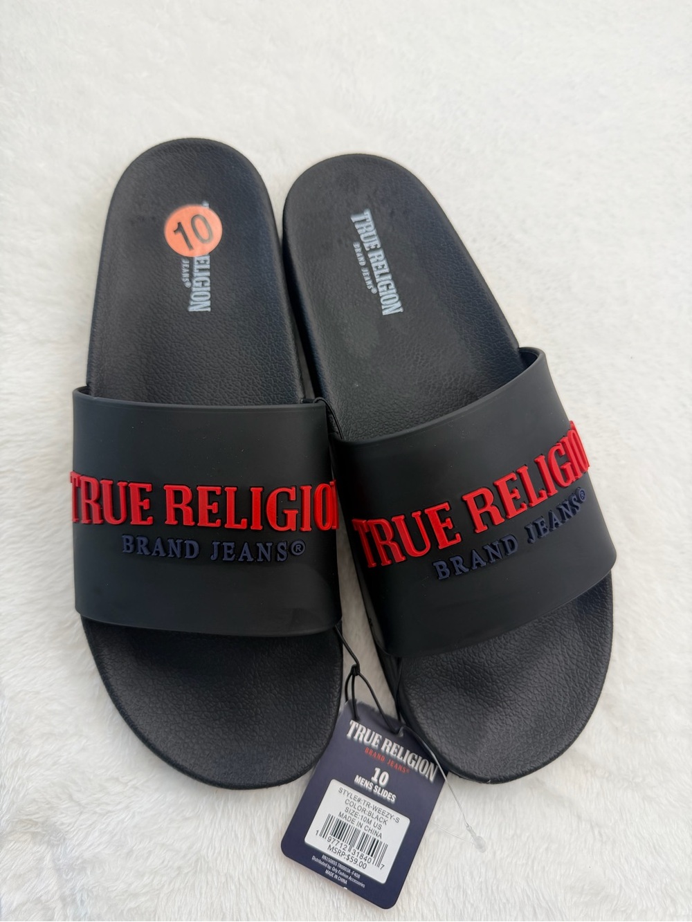 True Religion Black Slides with Red Raised Logo